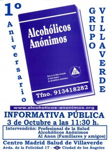 Cartel Primer aniversario Alcohólicos Anónimos en Villaverde